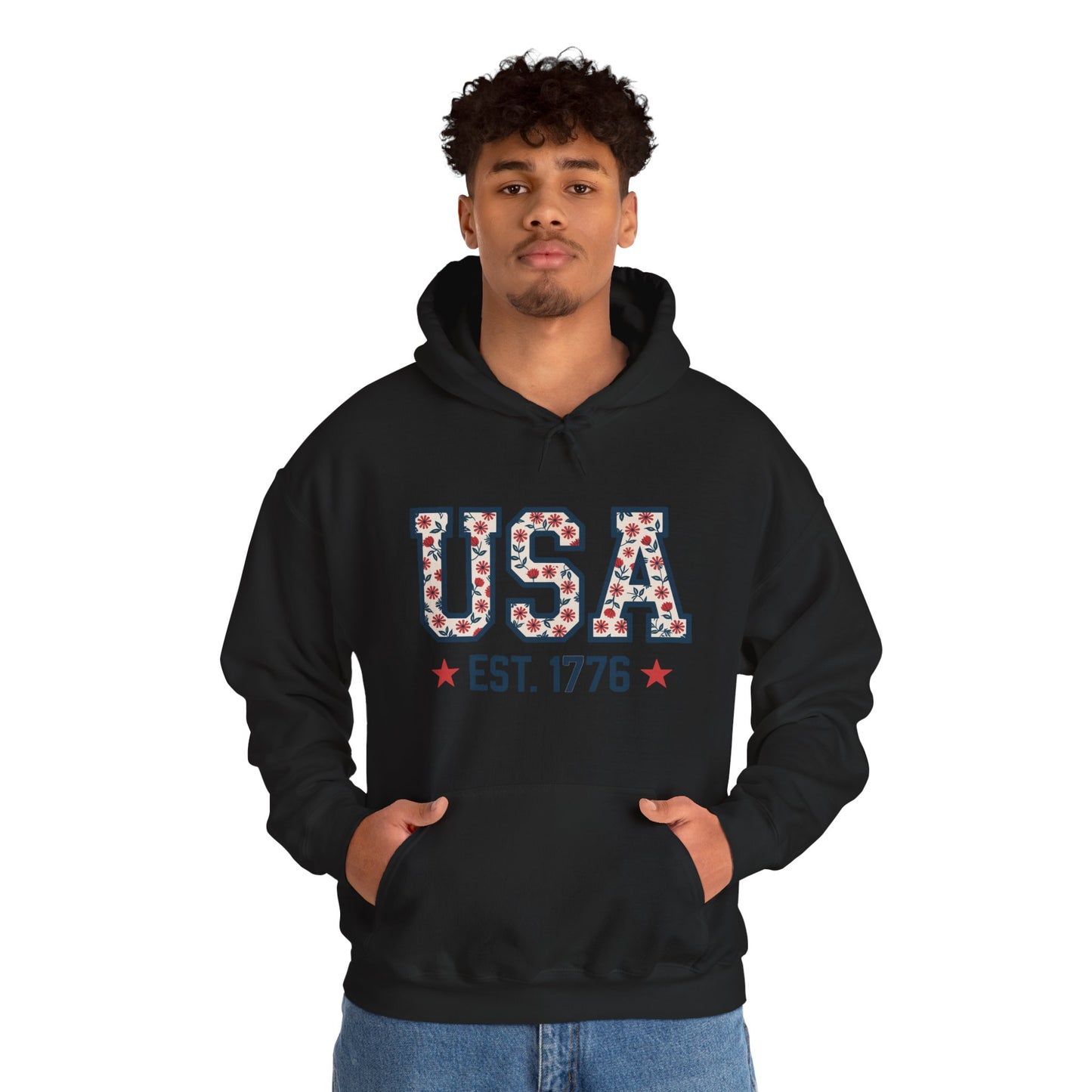 USA EST. 1776 Hoodie — Patriotic Floral American Heritage Sweatshirt