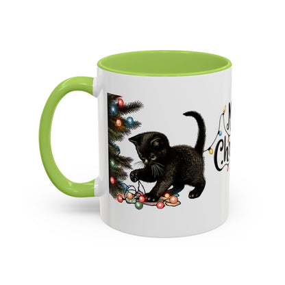 Merry Christmas Black Cat Mug – Cute Holiday Lights Cat Coffee Cup – Perfect Gift for Cat Lovers