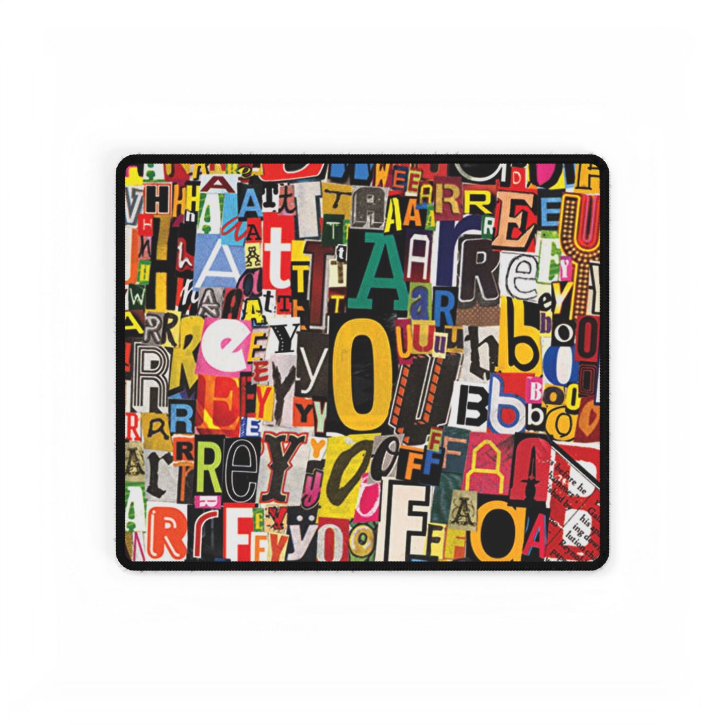 Colorful Collage Alphabet Desk Mat — Typographic Word Art Gaming & Office Desk Pad