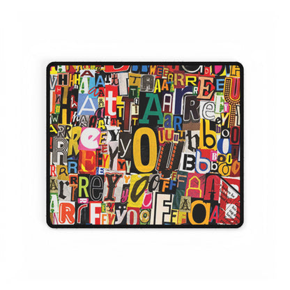 Colorful Collage Alphabet Desk Mat — Typographic Word Art Gaming & Office Desk Pad