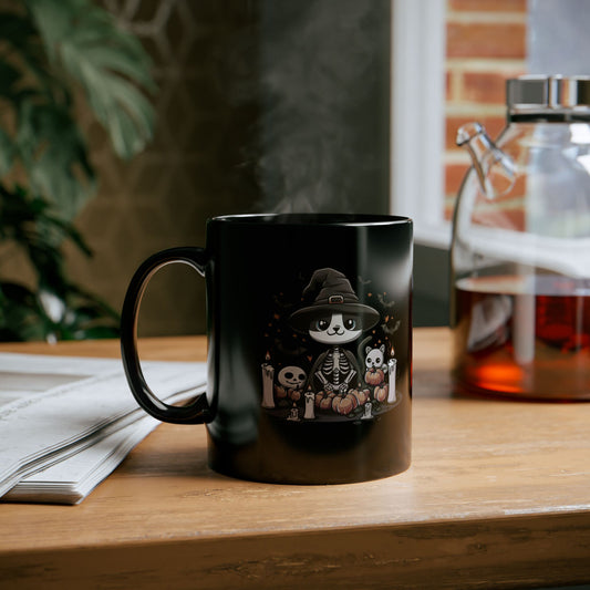 Halloween Witch Cat Mug – Cute Skeleton Cat with Pumpkins & Candles