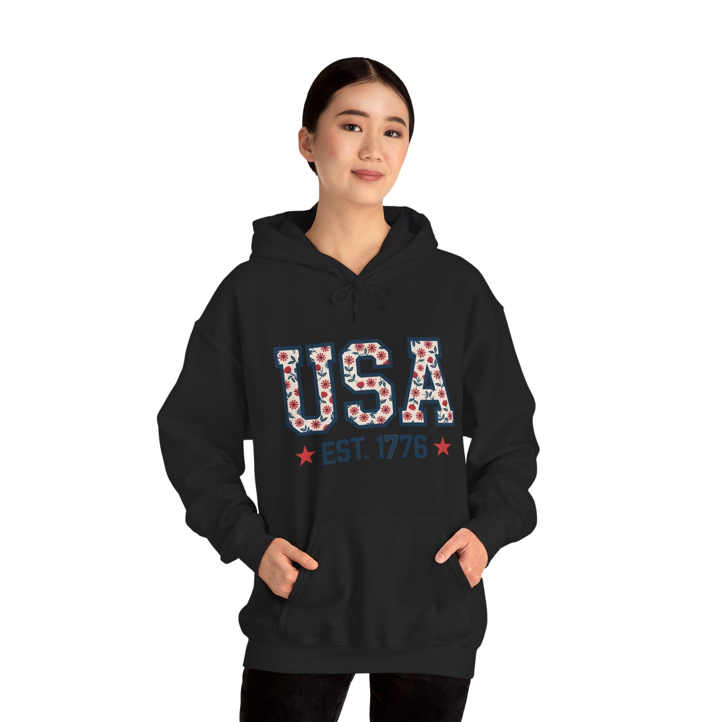 USA EST. 1776 Hoodie — Patriotic Floral American Heritage Sweatshirt