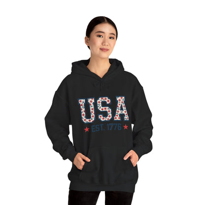 USA EST. 1776 Hoodie — Patriotic Floral American Heritage Sweatshirt
