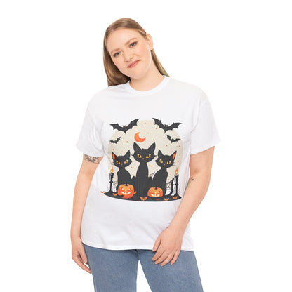 Halloween Black Cat T-Shirt – Cute Spooky Cats with Pumpkins & Bats Print