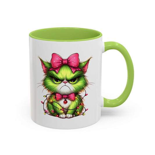 Christmas Grumpy Cat Accent Coffee Mug — Cute Green Kitty with Bow & Holiday Lights (11/15 oz)