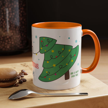Meowy Christmas Accent Coffee Mug — Cute Cat & Decorated Tree Holiday Mug (11/15oz)