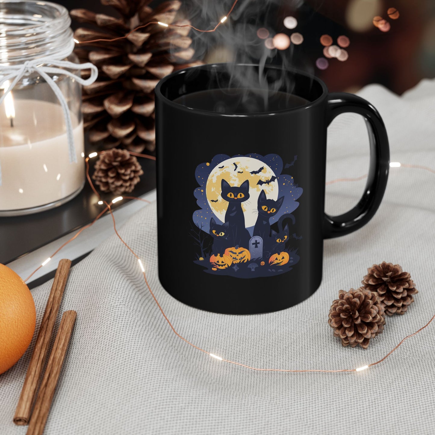 Halloween Black Cat Mug – Spooky Cats with Pumpkins & Full Moon Design