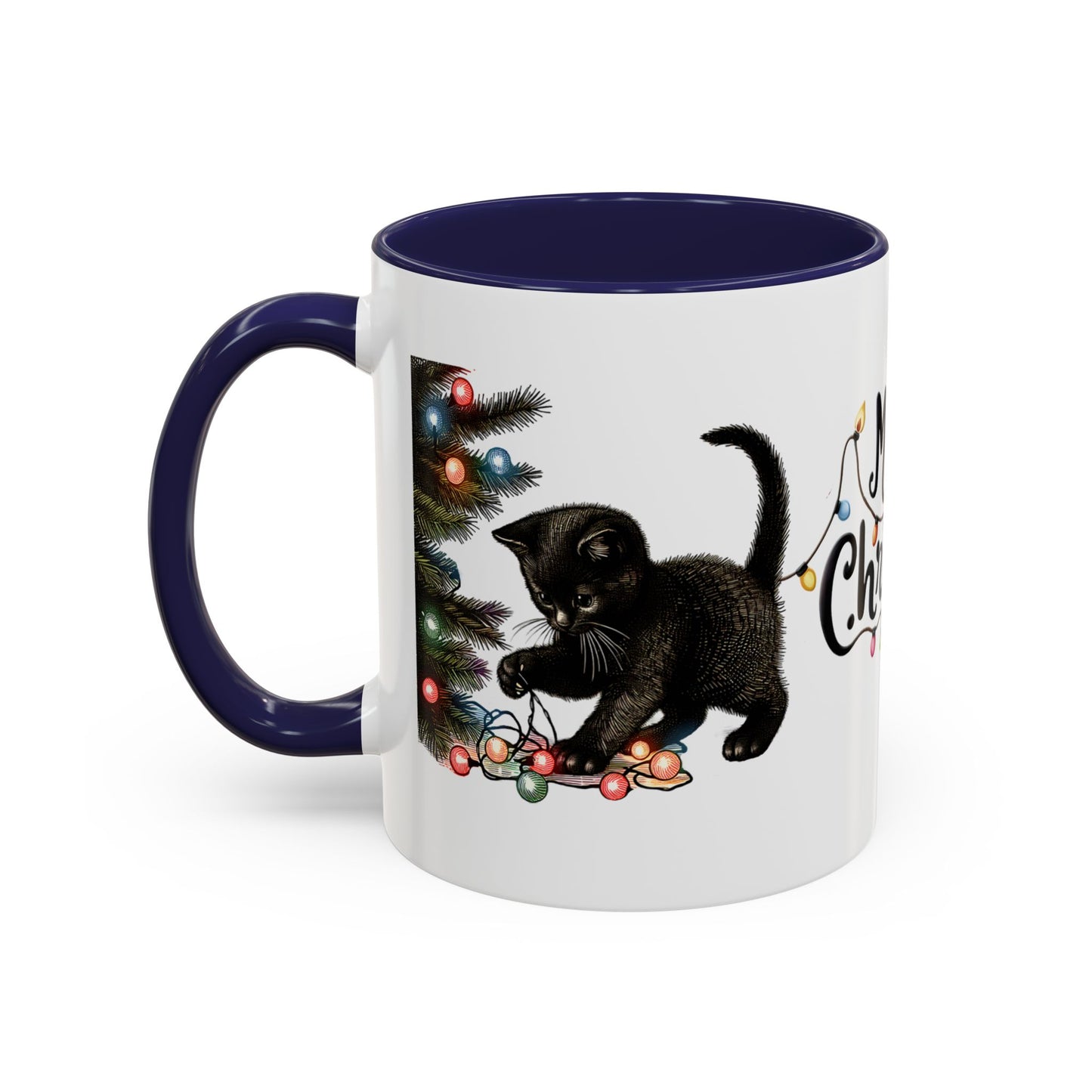 Merry Christmas Black Cat Mug – Cute Holiday Lights Cat Coffee Cup – Perfect Gift for Cat Lovers