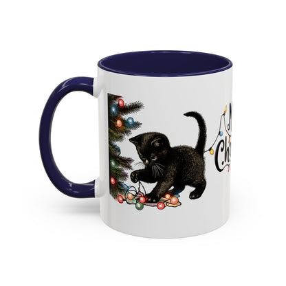 Merry Christmas Black Cat Mug – Cute Holiday Lights Cat Coffee Cup – Perfect Gift for Cat Lovers