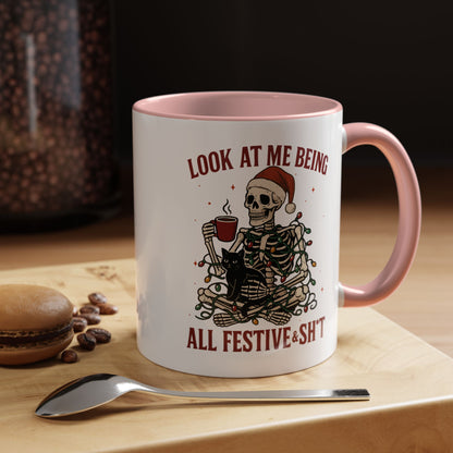 Funny Festive Skeleton Christmas Mug – Holiday Coffee Cup with Cat – Look at Me Being All Festive