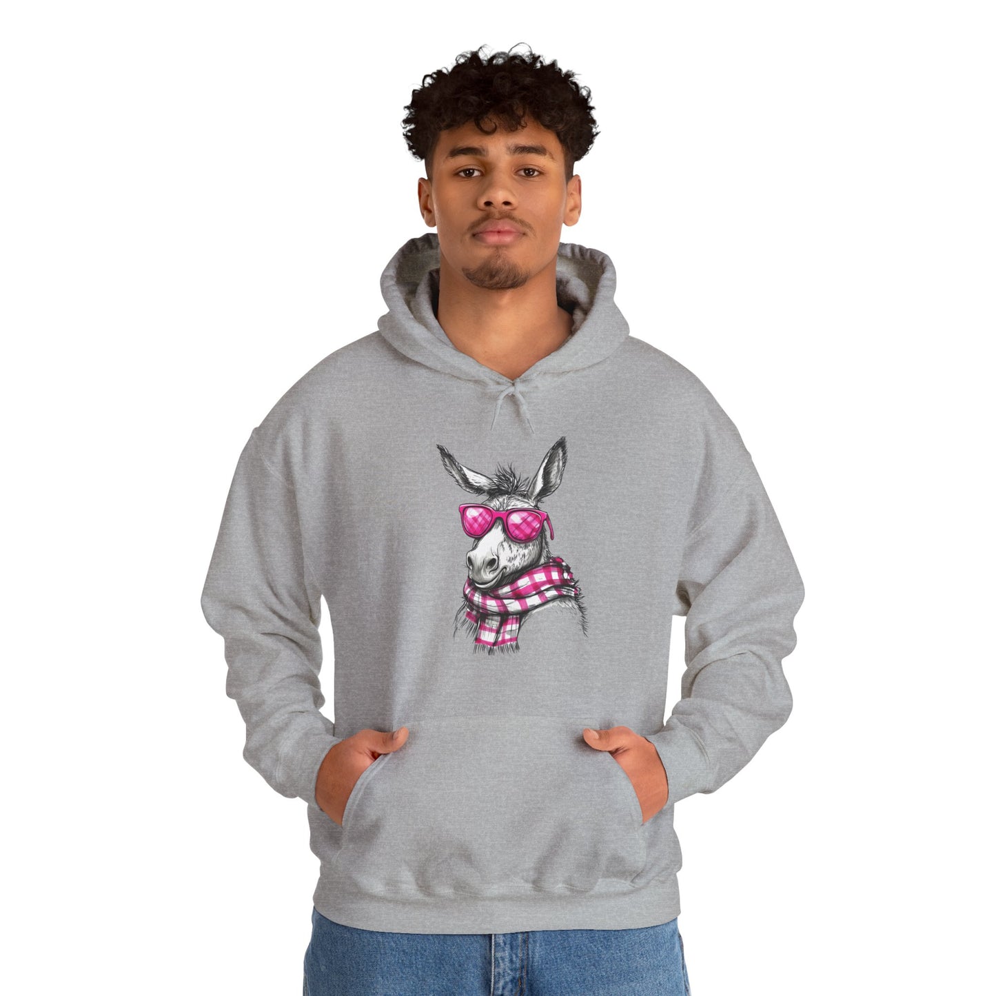 Cool Donkey Hoodie with Pink Glasses & Plaid Scarf — Cute Animal Graphic Sweatshirt