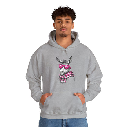 Cool Donkey Hoodie with Pink Glasses & Plaid Scarf — Cute Animal Graphic Sweatshirt