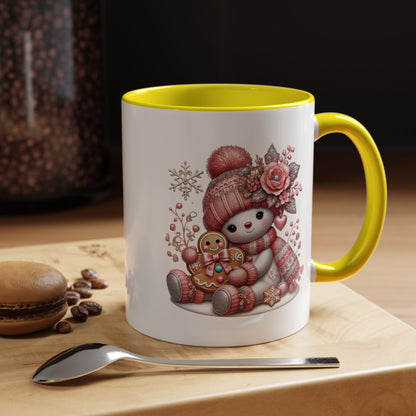 Cute Pink Snowman Coffee Mug — Holiday Winter Gingerbread Design (11/15oz)