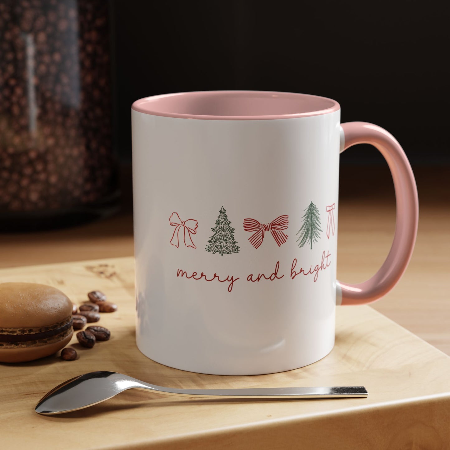 Merry and Bright Accent Coffee Mug — Holiday Christmas Tree & Bow Design (11/15 oz)