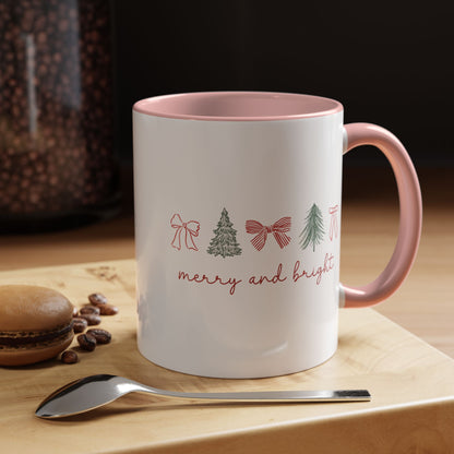 Merry and Bright Accent Coffee Mug — Holiday Christmas Tree & Bow Design (11/15 oz)