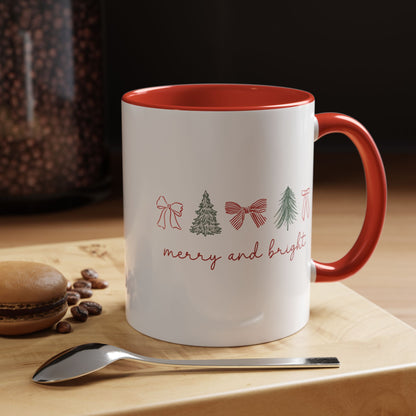 Merry and Bright Accent Coffee Mug — Holiday Christmas Tree & Bow Design (11/15 oz)