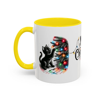 Merry Christmas Cat Mug – Cute Black Cat with Christmas Lights – Holiday Coffee Cup Gift for Cat Lovers