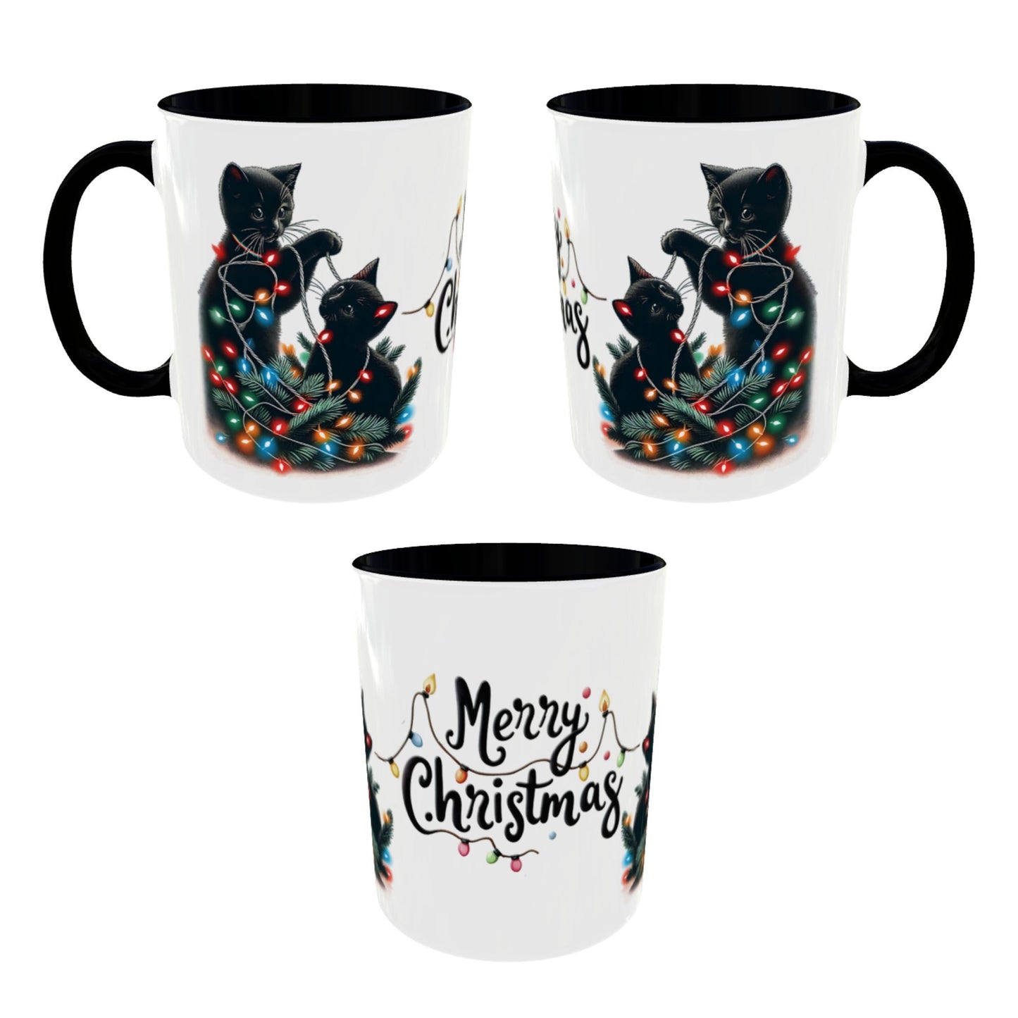 Cute Black Cat Christmas Lights Mug – Festive Holiday Coffee Cup Gift