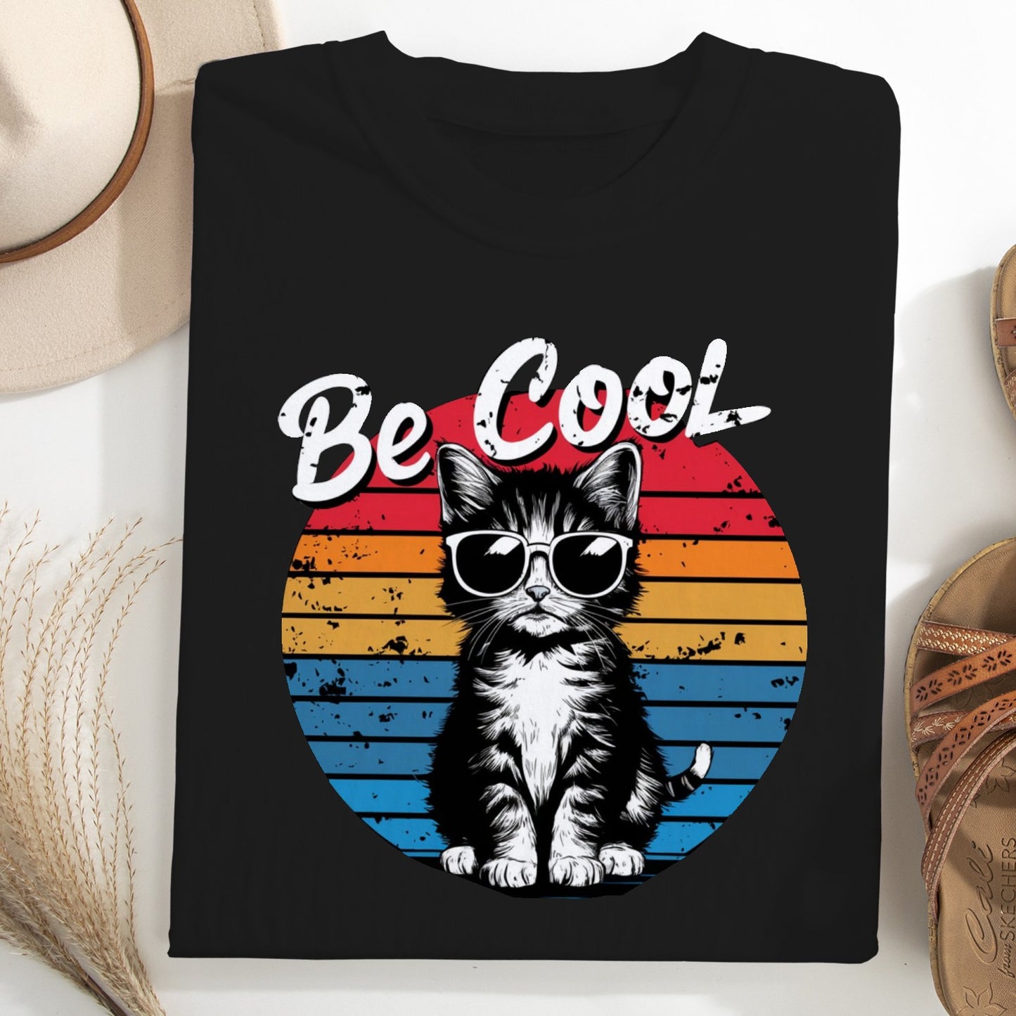 Be Cool Retro Cat Unisex T-Shirt – Vintage 80s Style Graphic Tee for Cat Lovers
