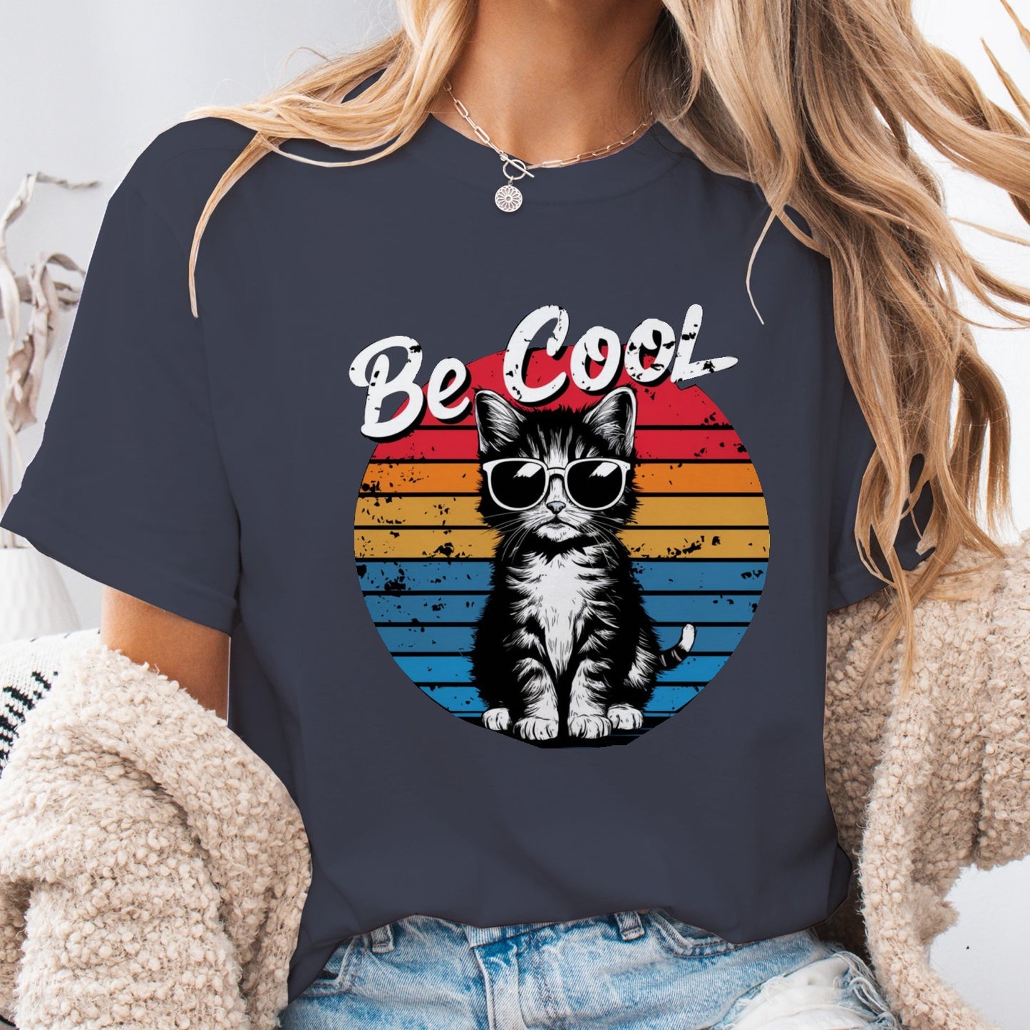 Be Cool Retro Cat Unisex T-Shirt – Vintage 80s Style Graphic Tee for Cat Lovers