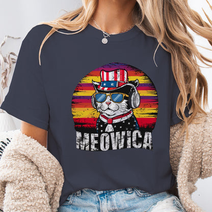 Meowica Patriotic Cat Unisex T-Shirt – Retro USA Flag