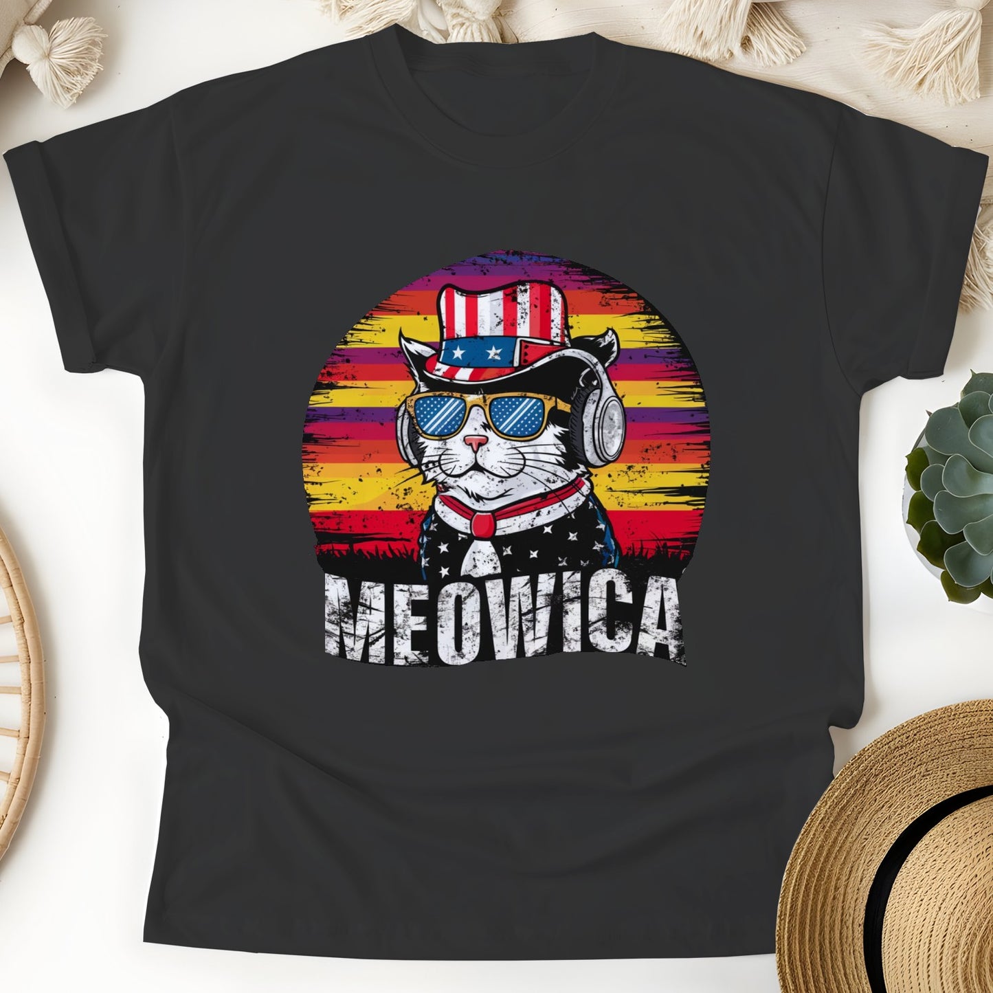 Meowica Patriotic Cat Unisex T-Shirt – Retro USA Flag