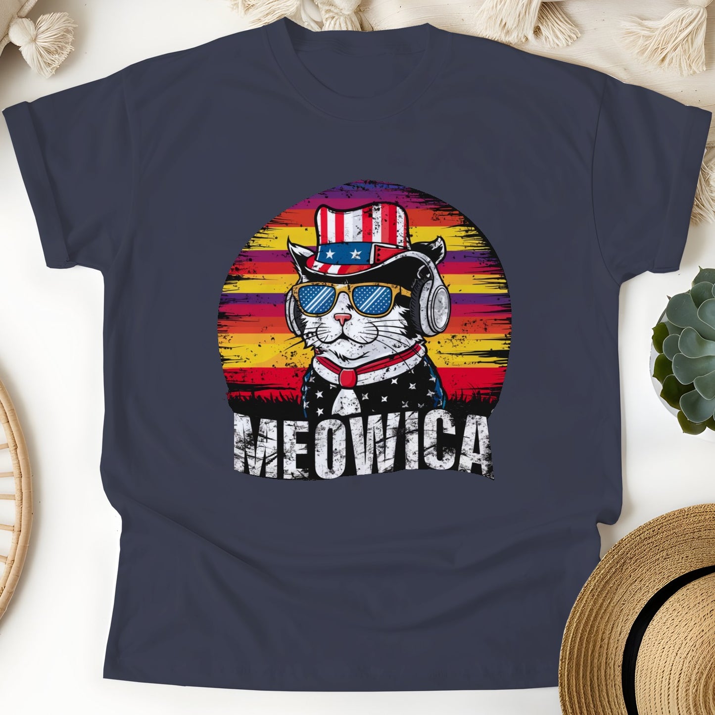 Meowica Patriotic Cat Unisex T-Shirt – Retro USA Flag