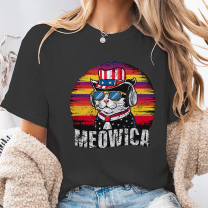 Meowica Patriotic Cat Unisex T-Shirt – Retro USA Flag
