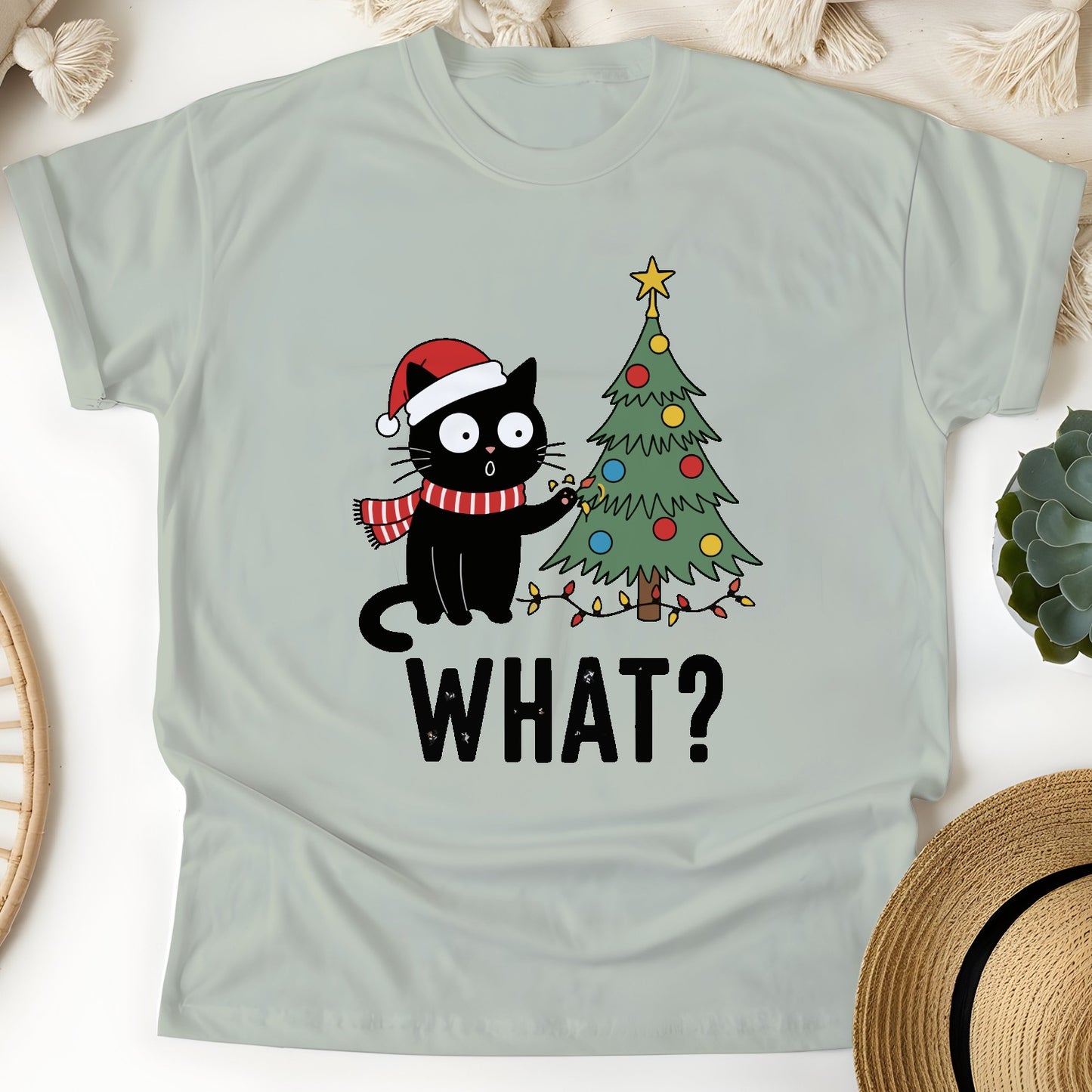 Funny Christmas Cat Unisex T-Shirt – Black Cat With Tree