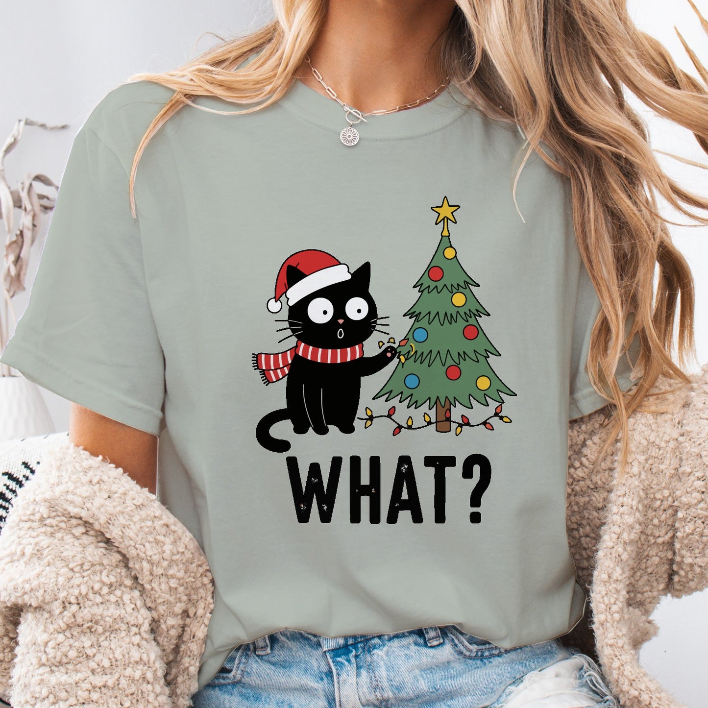 Funny Christmas Cat Unisex T-Shirt – Black Cat With Tree