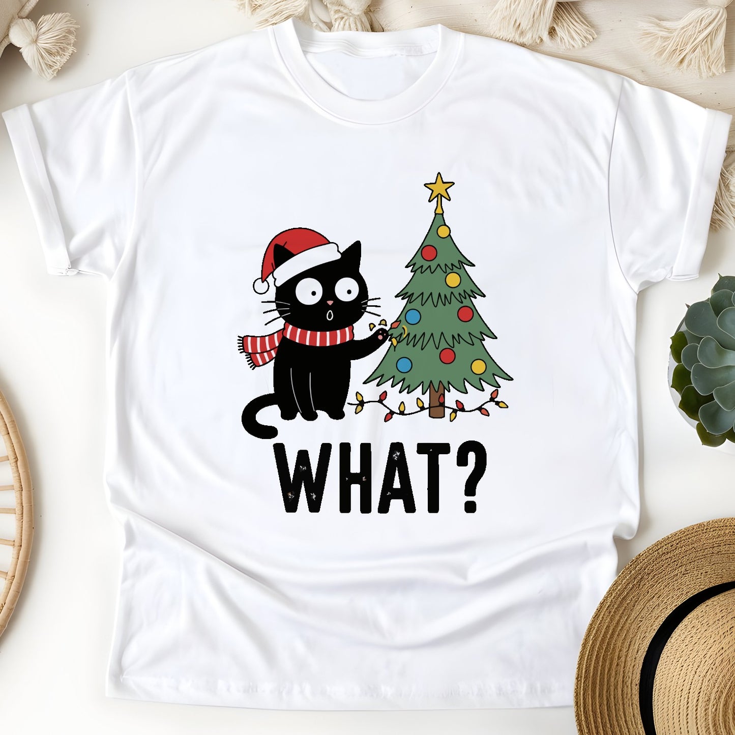 Funny Christmas Cat Unisex T-Shirt – Black Cat With Tree