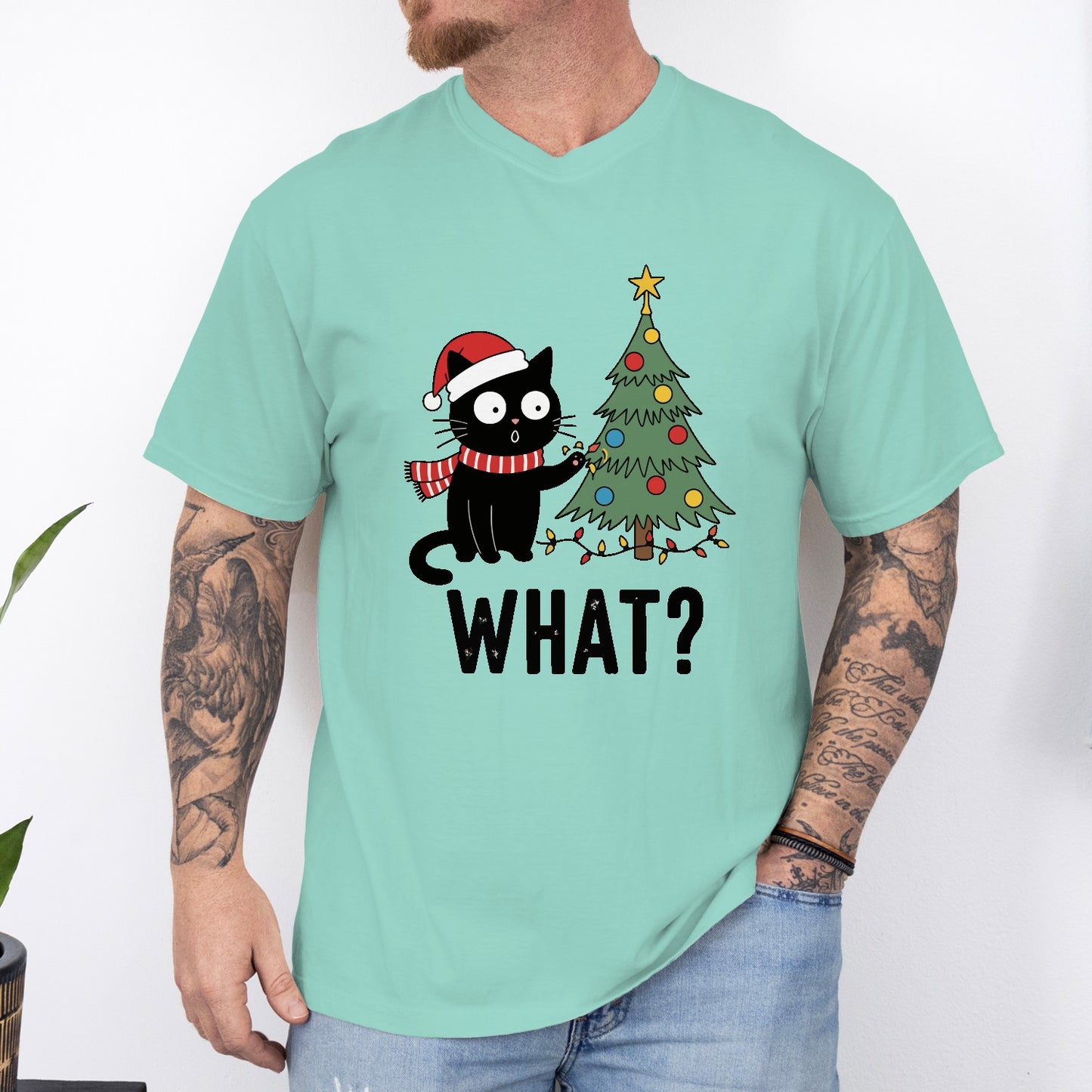 Funny Christmas Cat Unisex T-Shirt – Black Cat With Tree