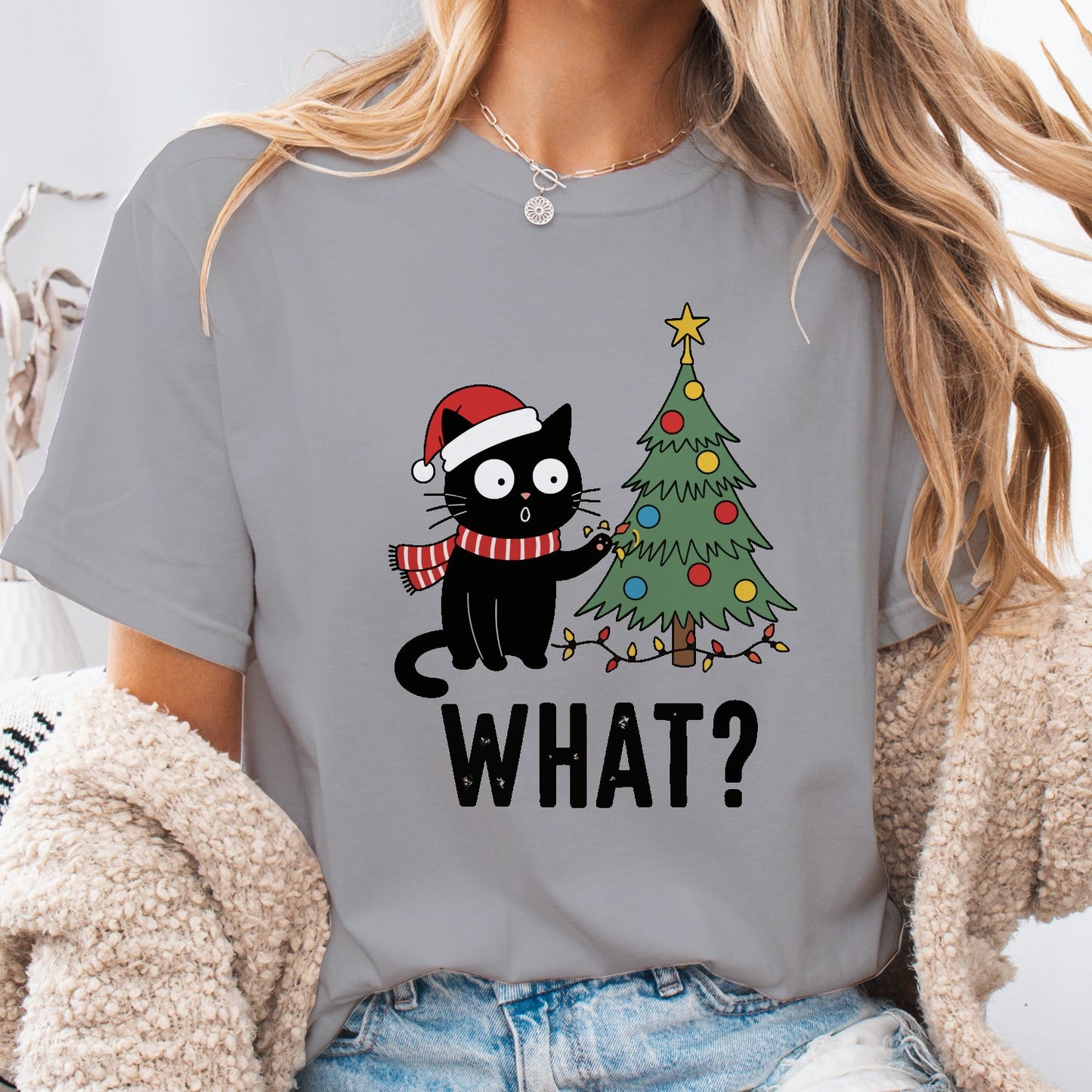 Funny Christmas Cat Unisex T-Shirt – Black Cat With Tree