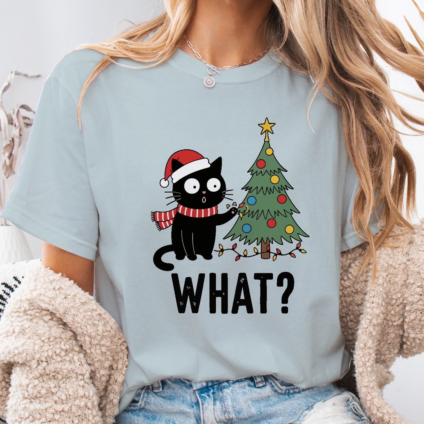 Funny Christmas Cat Unisex T-Shirt – Black Cat With Tree