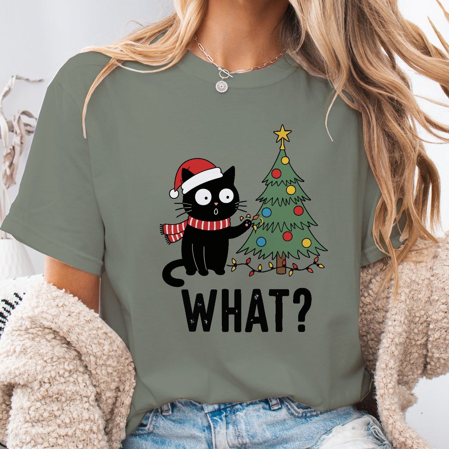 Funny Christmas Cat Unisex T-Shirt – Black Cat With Tree