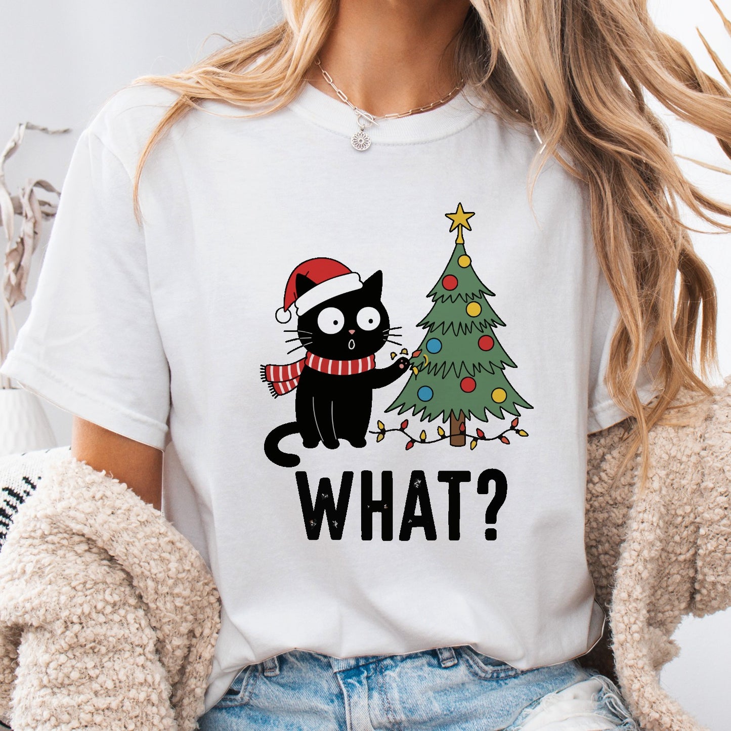 Funny Christmas Cat Unisex T-Shirt – Black Cat With Tree