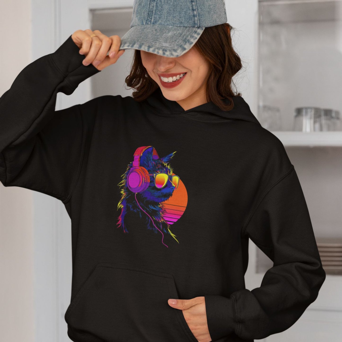 Retro Neon Cat DJ Unisex Hoodie