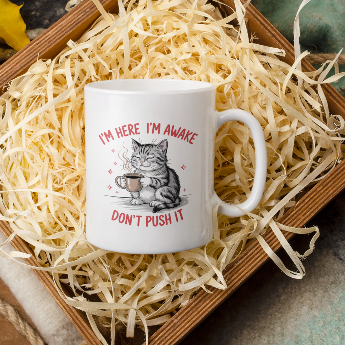 I’m Here I’m Awake Don’t Push It Funny Cat Mug