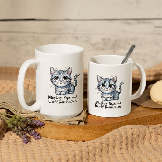Whiskers Naps and World Domination Cute Cat Mug