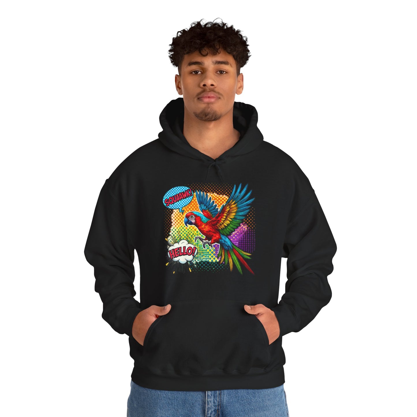 Parrot Pop Art Hoodie — Colorful Macaw 'Hello' Graphic Pullover