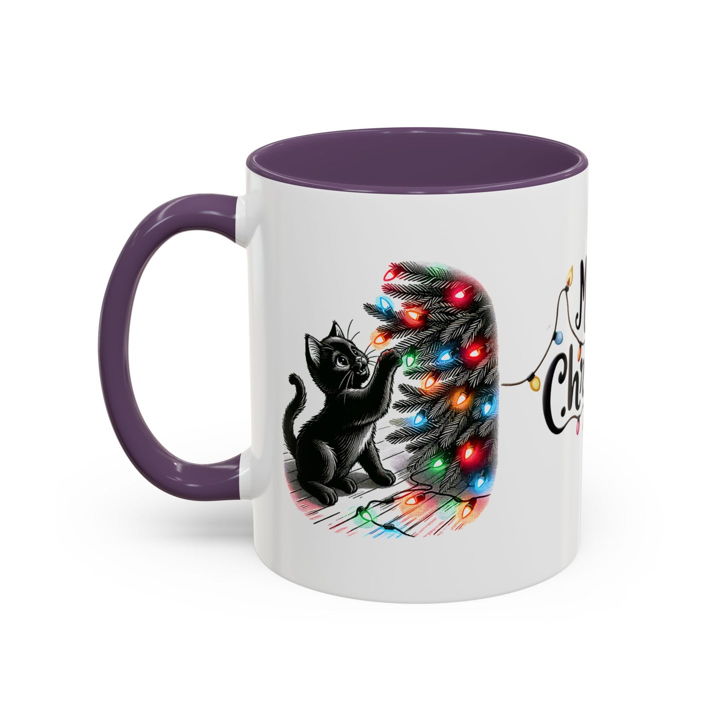 Merry Christmas Cat Mug – Cute Black Cat with Christmas Lights – Holiday Coffee Cup Gift for Cat Lovers