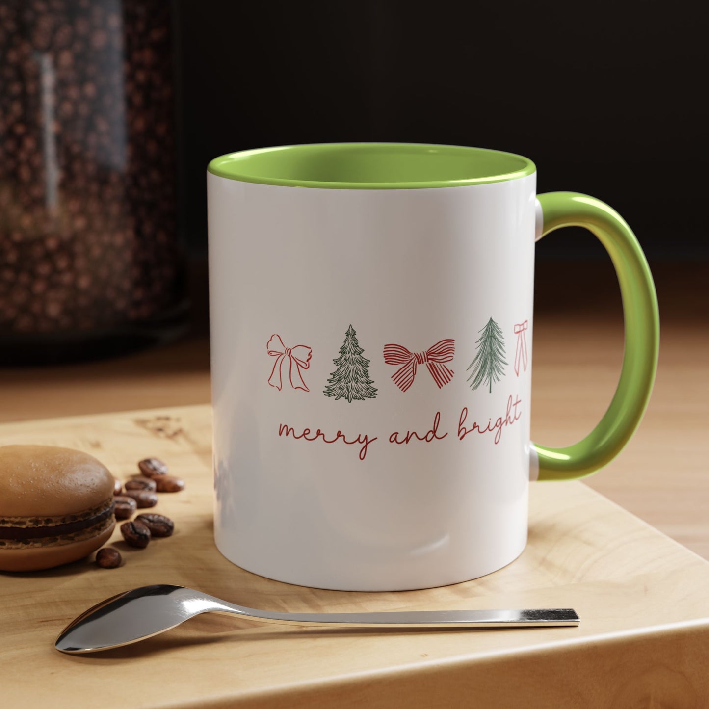 Merry and Bright Accent Coffee Mug — Holiday Christmas Tree & Bow Design (11/15 oz)