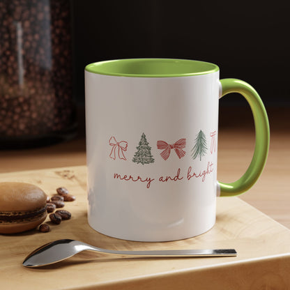 Merry and Bright Accent Coffee Mug — Holiday Christmas Tree & Bow Design (11/15 oz)