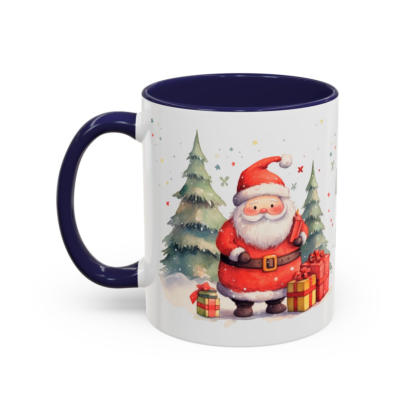 Warm & Cozy Christmas Accent Coffee Mug — Festive Santa, Reindeer & Pine Tree Holiday Drinkware