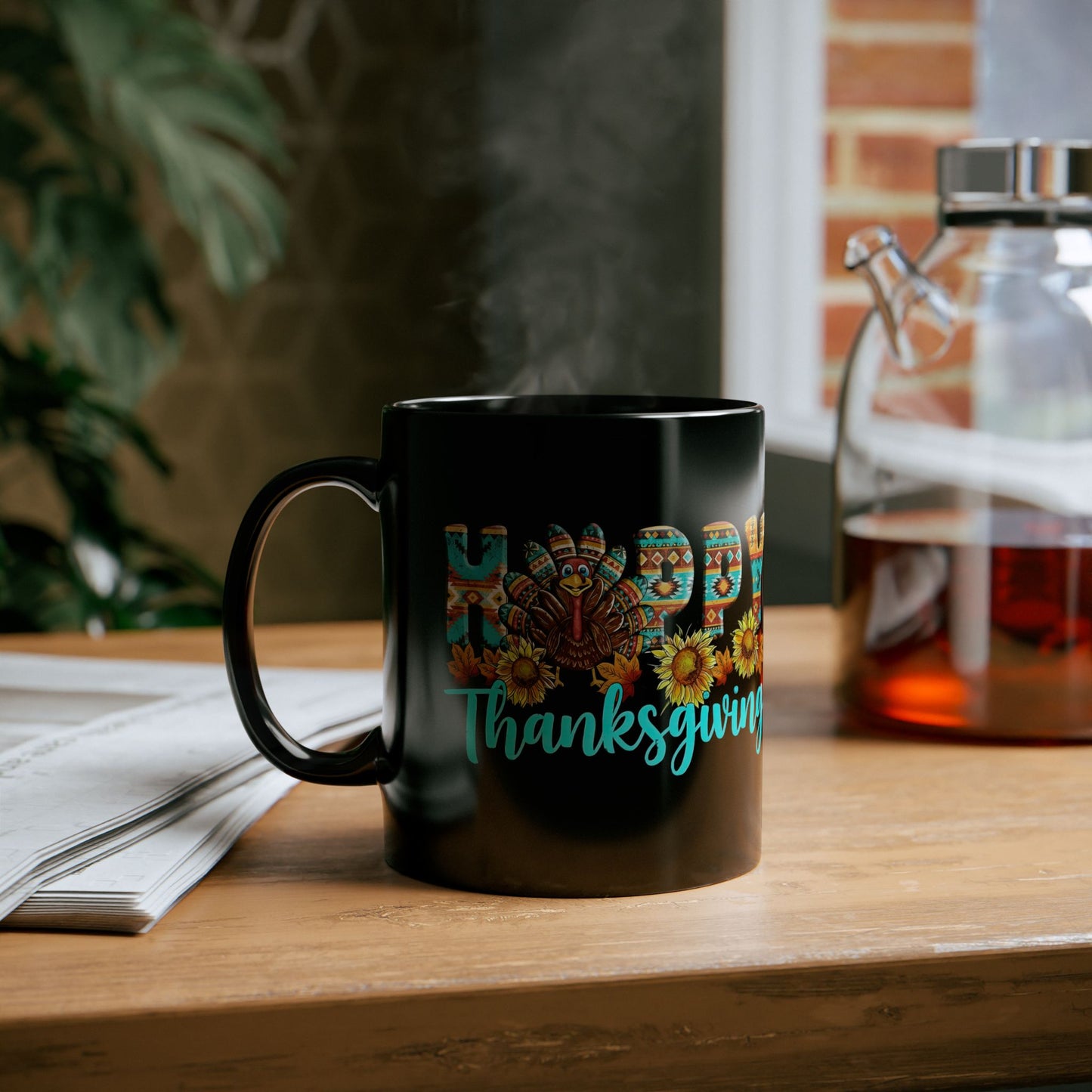 Happy Thanksgiving Mug – Cute Turkey & Sunflower Fall Coffee Cup – Autumn Boho Pattern Mug for Holiday & Festive Gifts