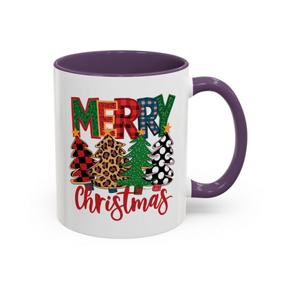 Merry Christmas Accent Coffee Mug — Festive Plaid, Leopard & Pine Tree Holiday Design