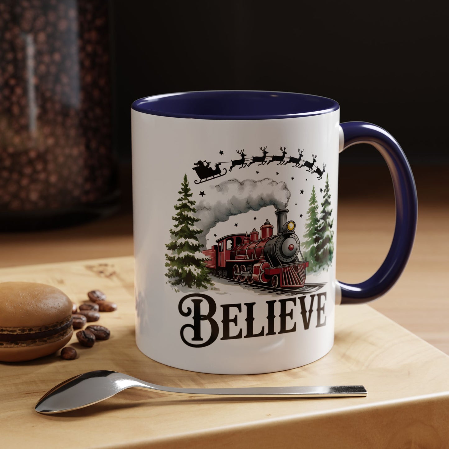 Believe Christmas Train Mug with Santa Sleigh – Holiday Coffee Cup