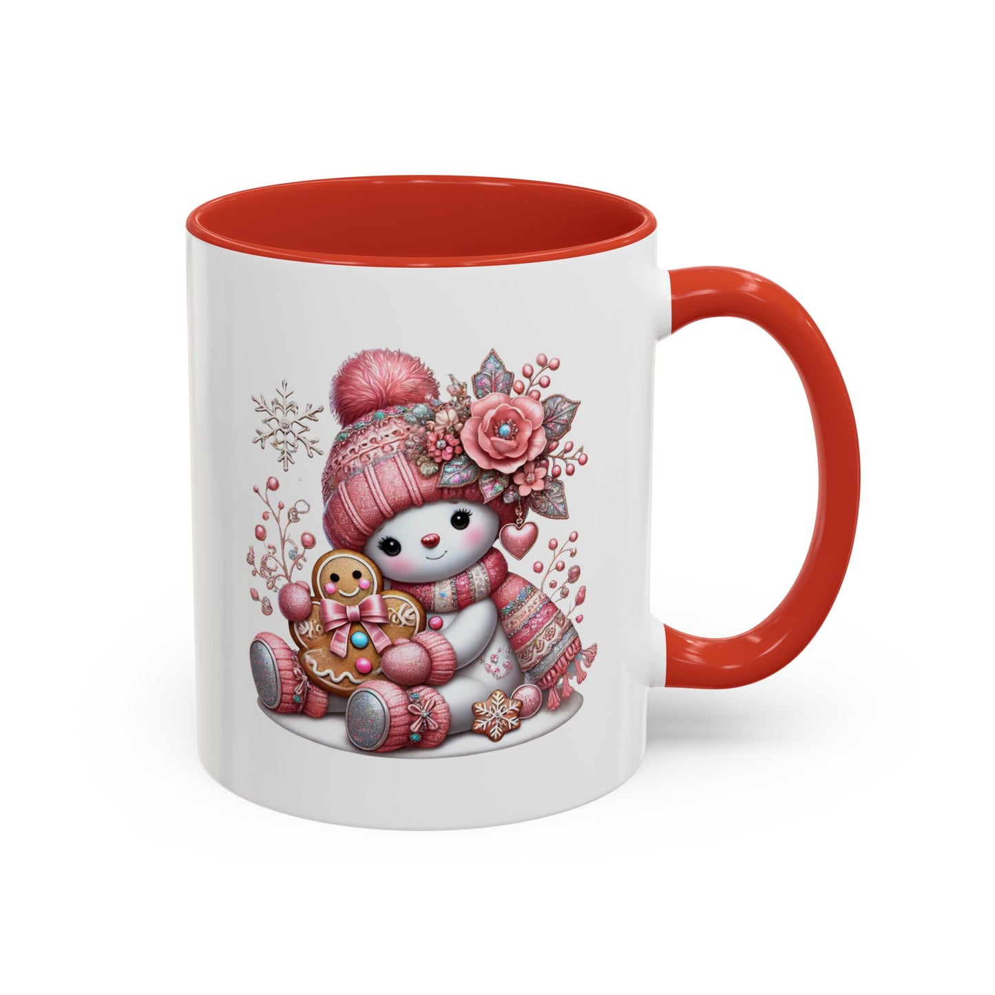 Cute Pink Snowman Coffee Mug — Holiday Winter Gingerbread Design (11/15oz)