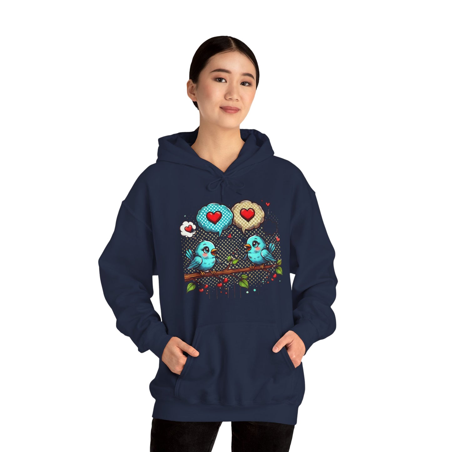 Birds on a Branch Hoodie — Cute Blue Lovebirds with Heart Speech Bubbles