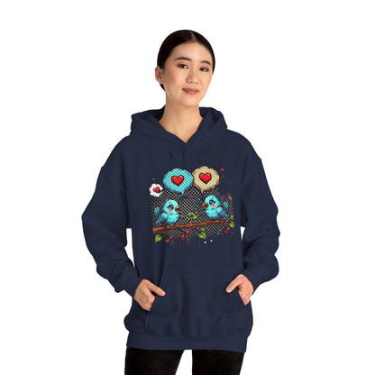 Birds on a Branch Hoodie — Cute Blue Lovebirds with Heart Speech Bubbles